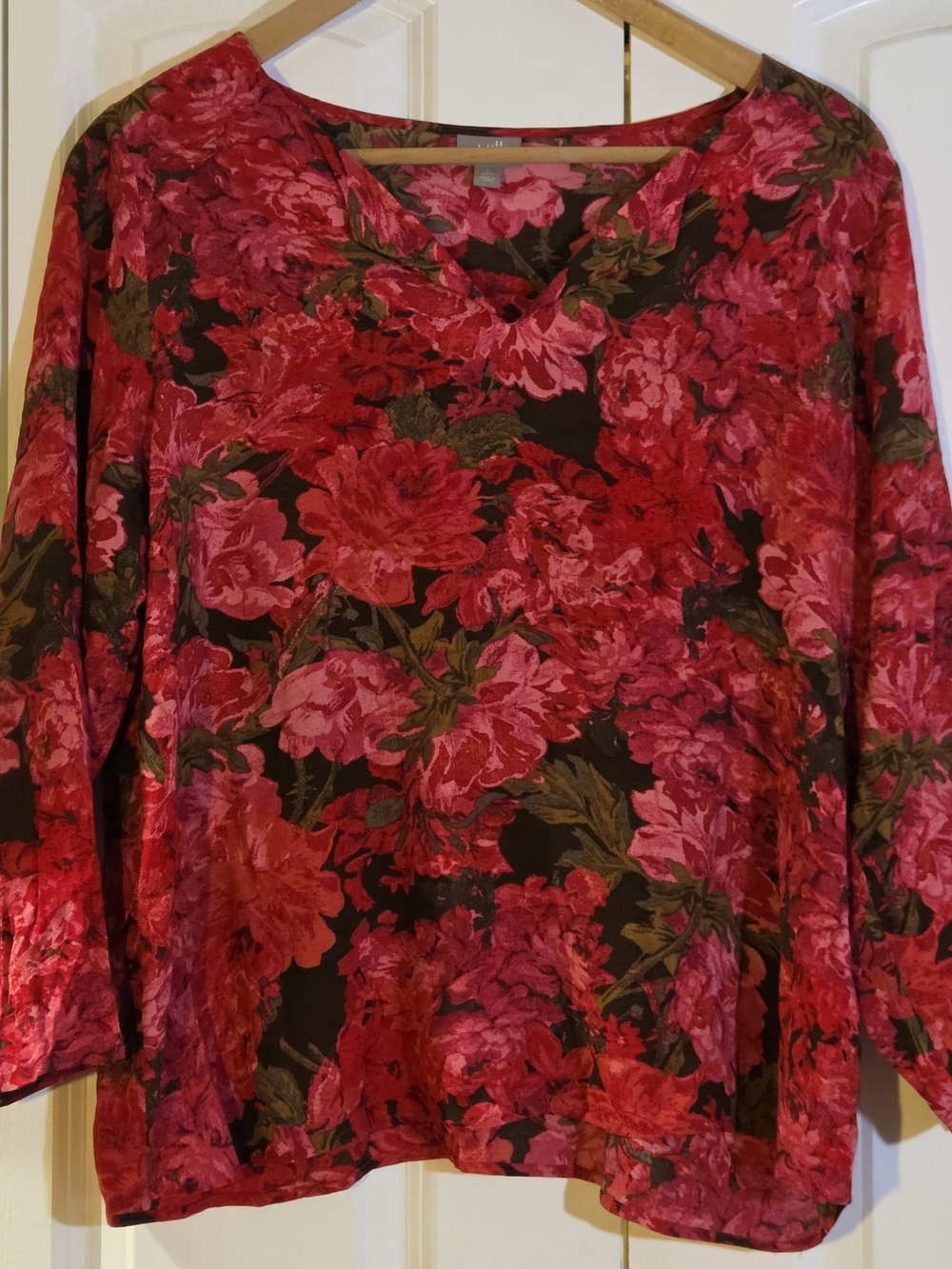 J Jill Women's Top PL Floral Tunic Shirt Blouse Roses Pink Cottagecore